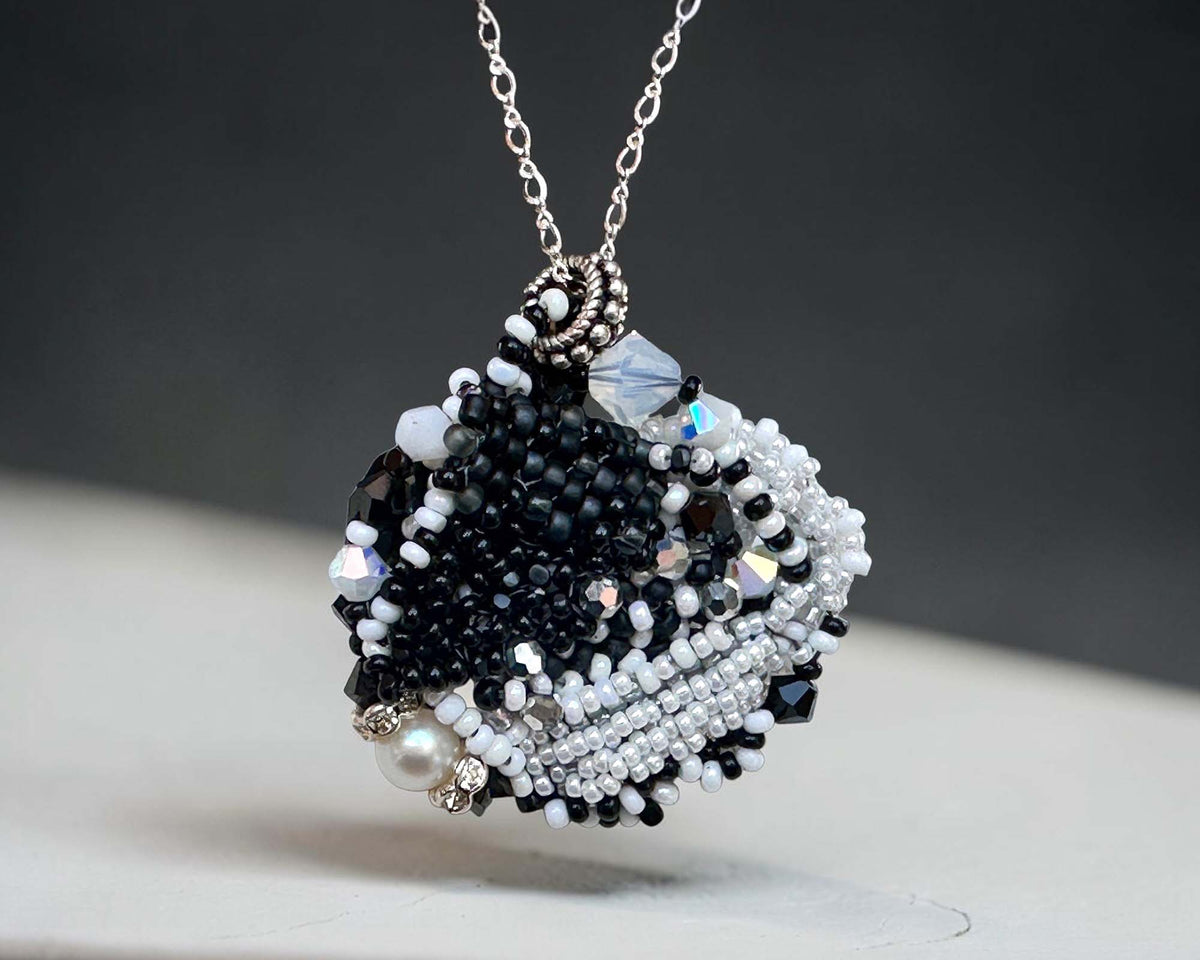 Noir Sur Blanc Bead Art Pendant Necklace | Handwoven Black & White