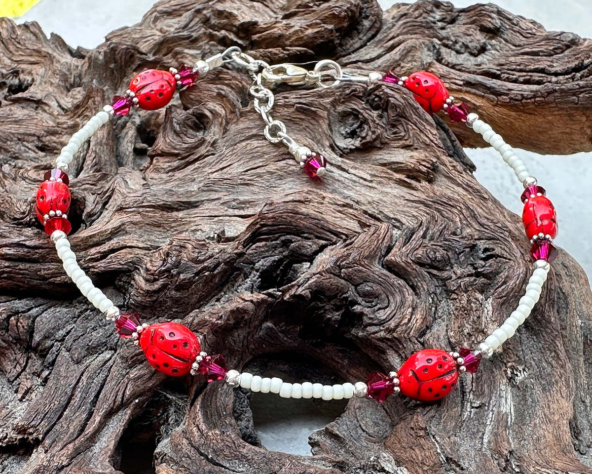 Beaded Anklets Ruby Crystal Ladybug Beaded Anklet SWCreations