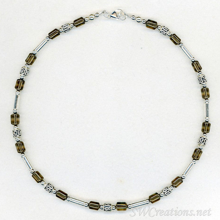 Smokey Quartz Gemstone Silver Mens Beaded Necklace - SWCreations
