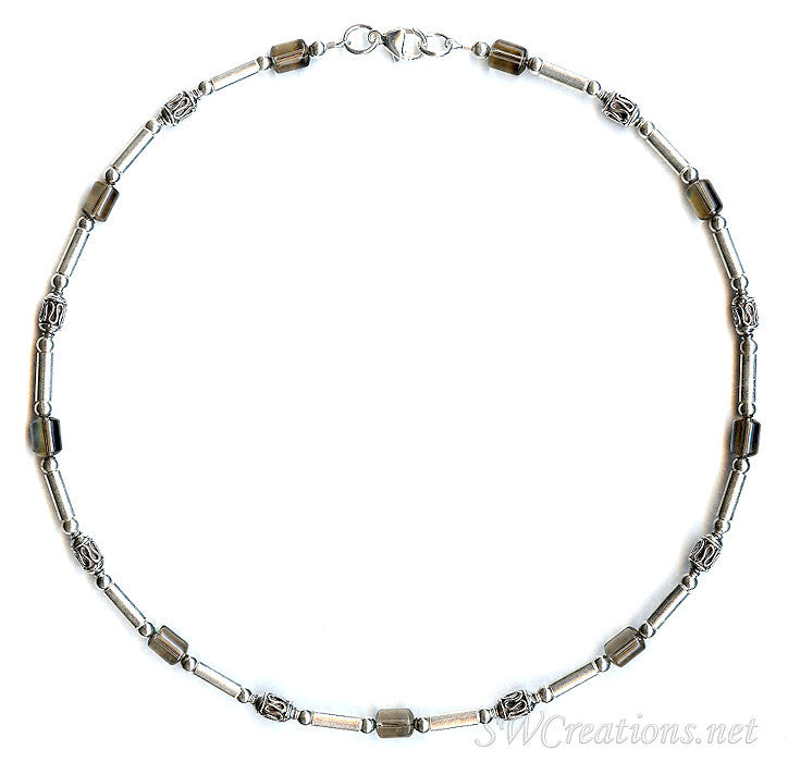 Smokey Quartz Gemstone Silver Men's Beaded Necklace 2 - SWCreations
