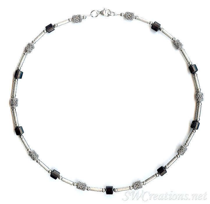 Onyx Gemstone Silver Men's Beaded Necklace 2 - SWCreations
