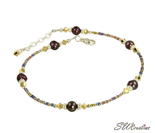 Gold Crystal Purple Pearl Beaded Anklet - SWCreations
