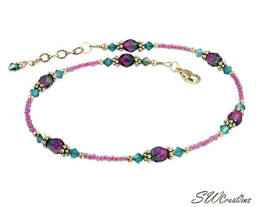 Blue Zircon Pink Crystal Beaded Anklet - SWCreations
