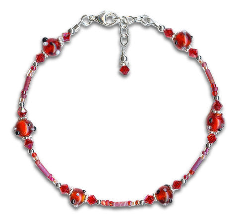 Red Glass Crystal Silver Beaded Anklet - SWCreations
