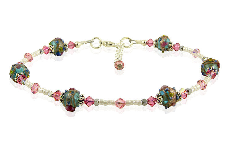 Roselily Pink Lampwork Bead Anklet - SWCreations
