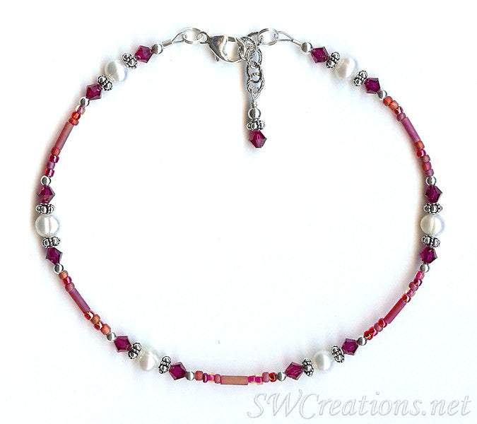 Ruby Pearl Crystal Beaded Anklet - SWCreations
