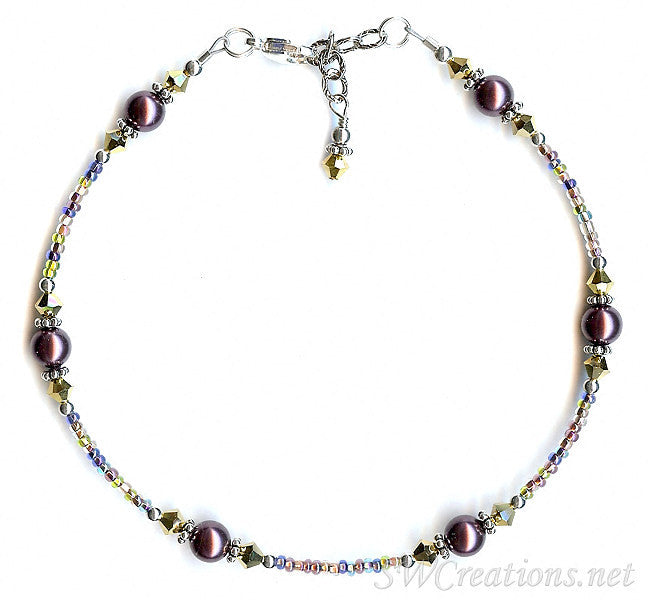 Gold Burgundy Pearl Crystal Silver Anklet - SWCreations
