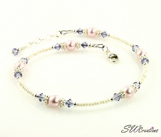 Tanzanite Pink Pearl Crystal Beaded Anklet - SWCreations
