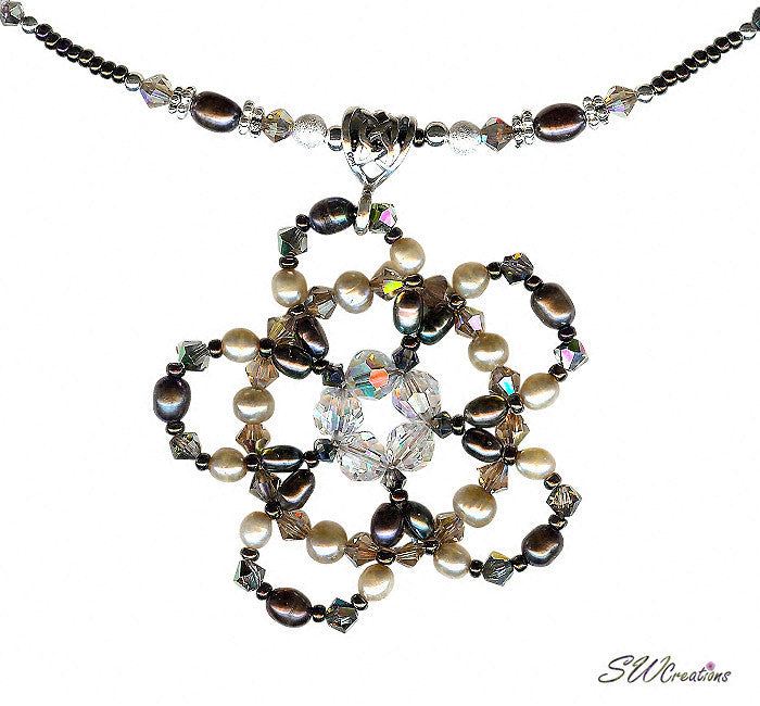 Coffee Hazelnut Floral Bead Crystal Pearl Bead Art Necklace - SWCreations
 - 1