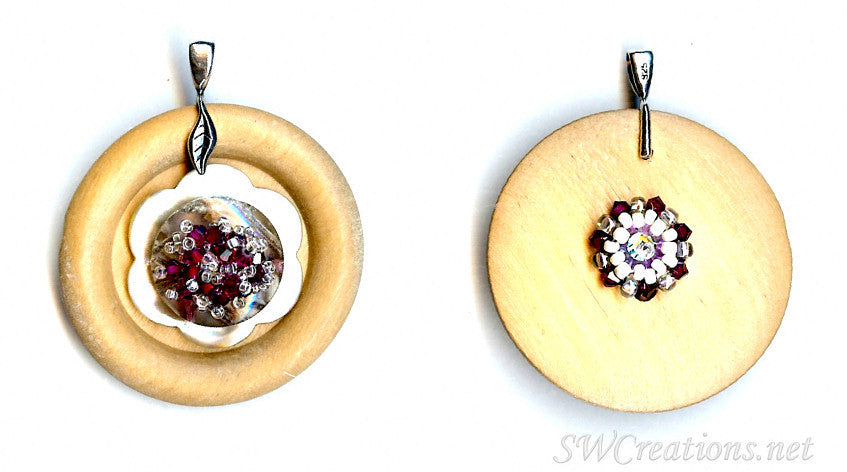 Ruby Crystal Shell Wood New Button Pendant Necklace - SWCreations
