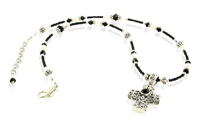 Black Crystal Onyx Cross Beaded Necklace - SWCreations
 - 1