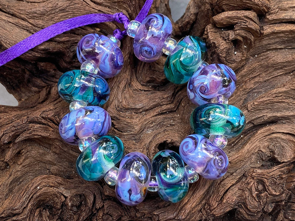 purple green lampwork beads