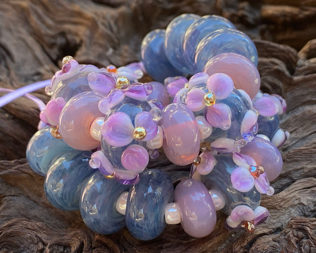 blue purple lampwork floral beads