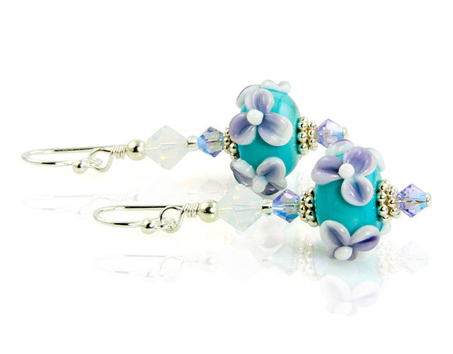 Turquoise Lilac Floral Lampwork Earrings - SWCreations
