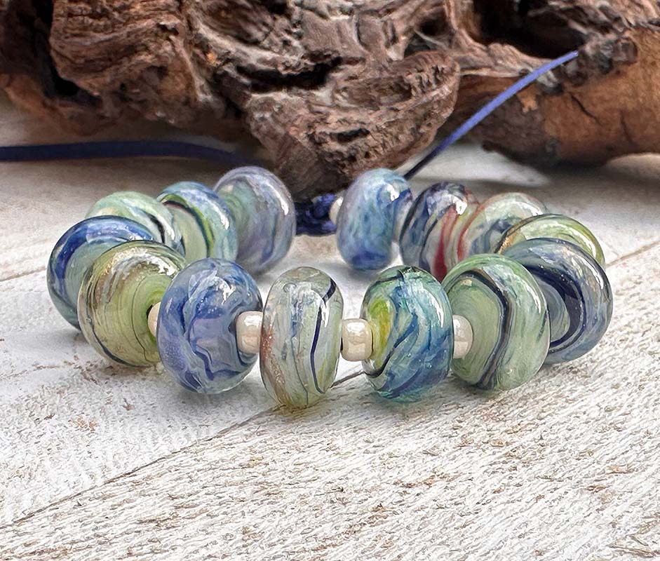 blue green lampwork beads