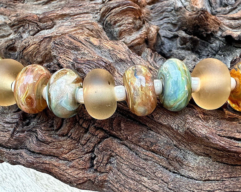 green gold lampwork beads