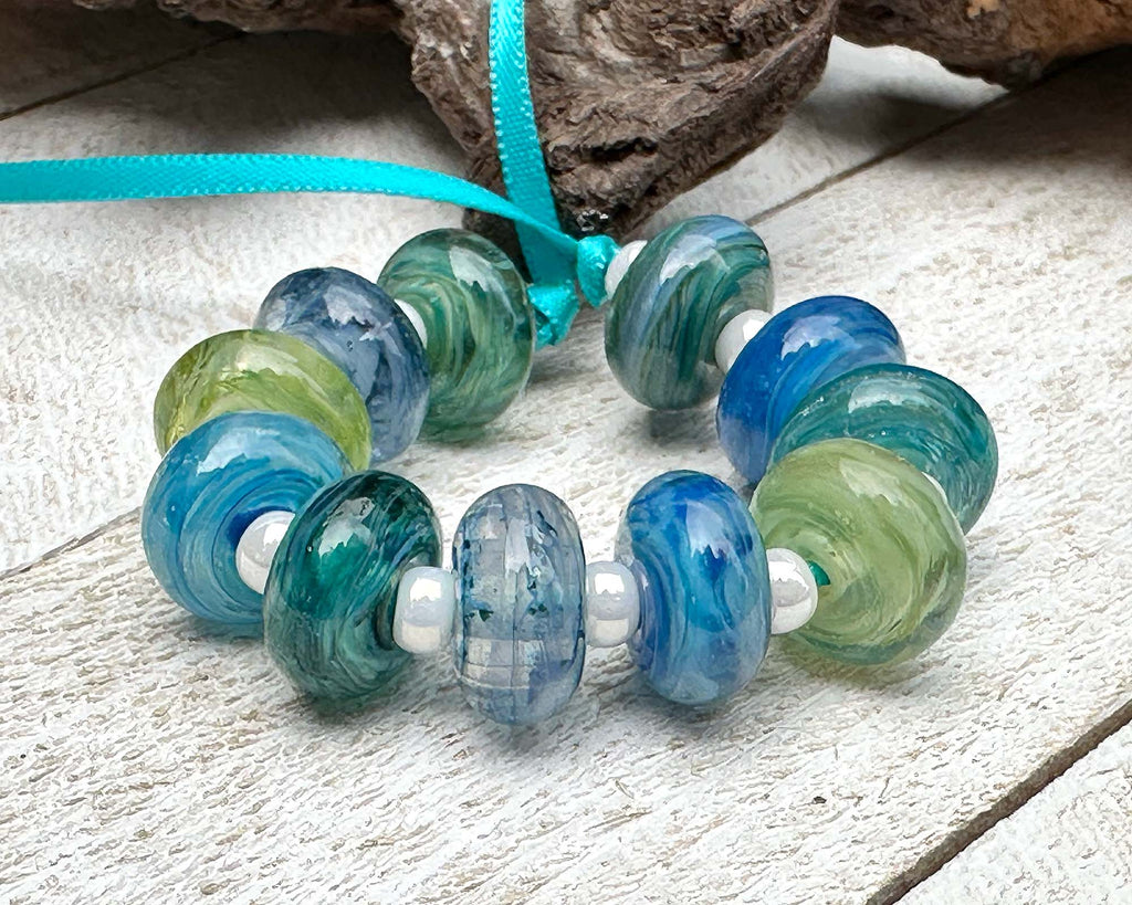 blue green lampwork beads