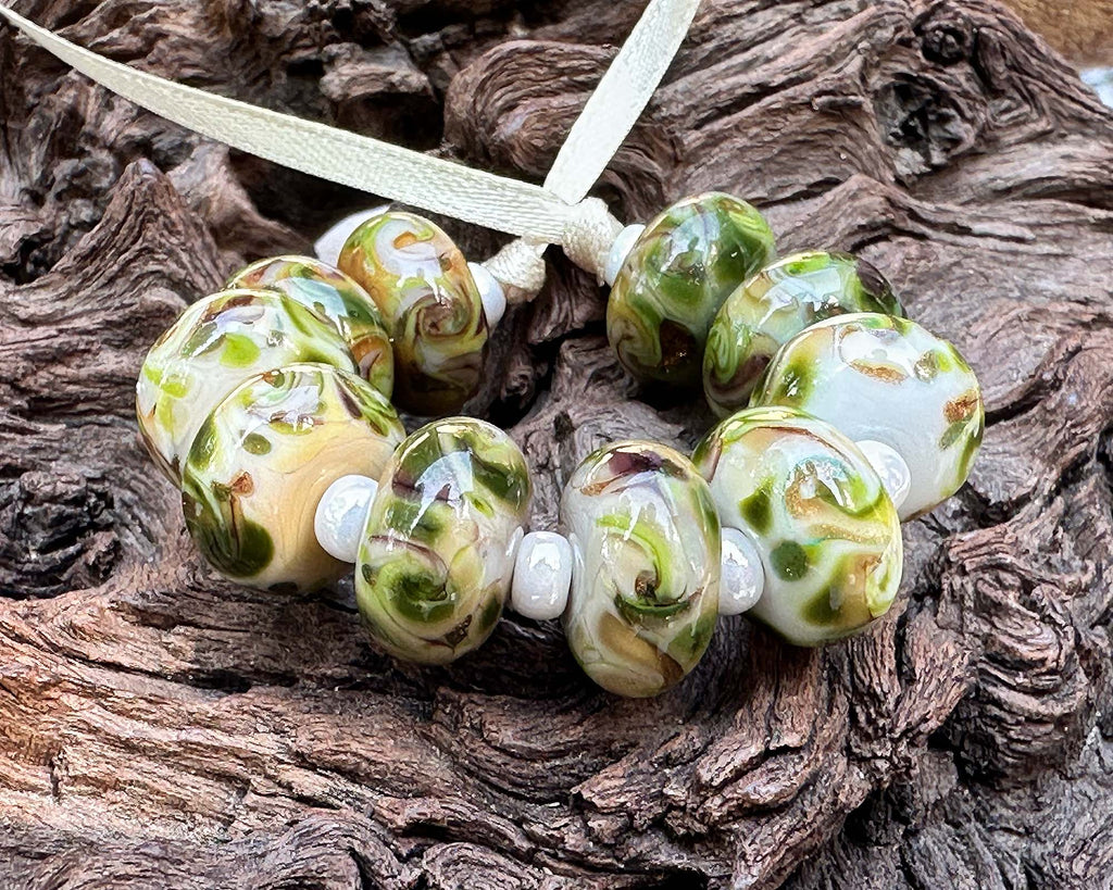 green brown lampwork beads