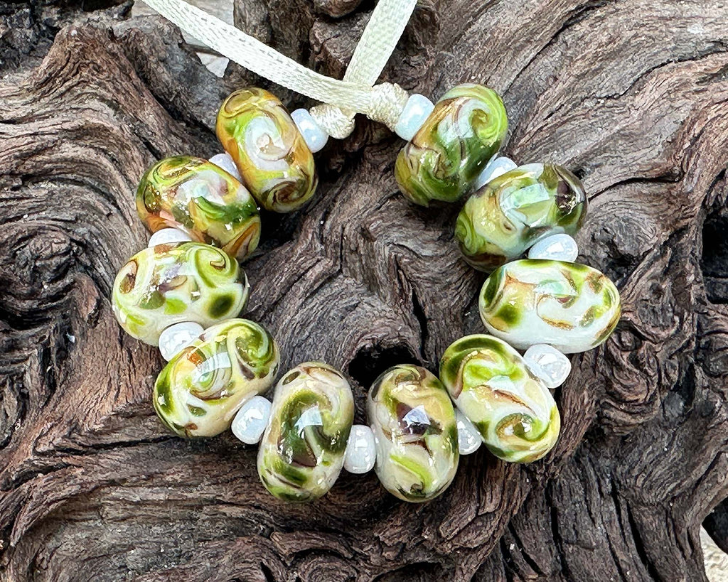 green brown lampwork beads