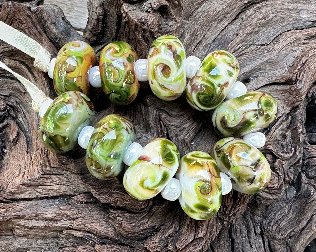 green brown lampwork beads