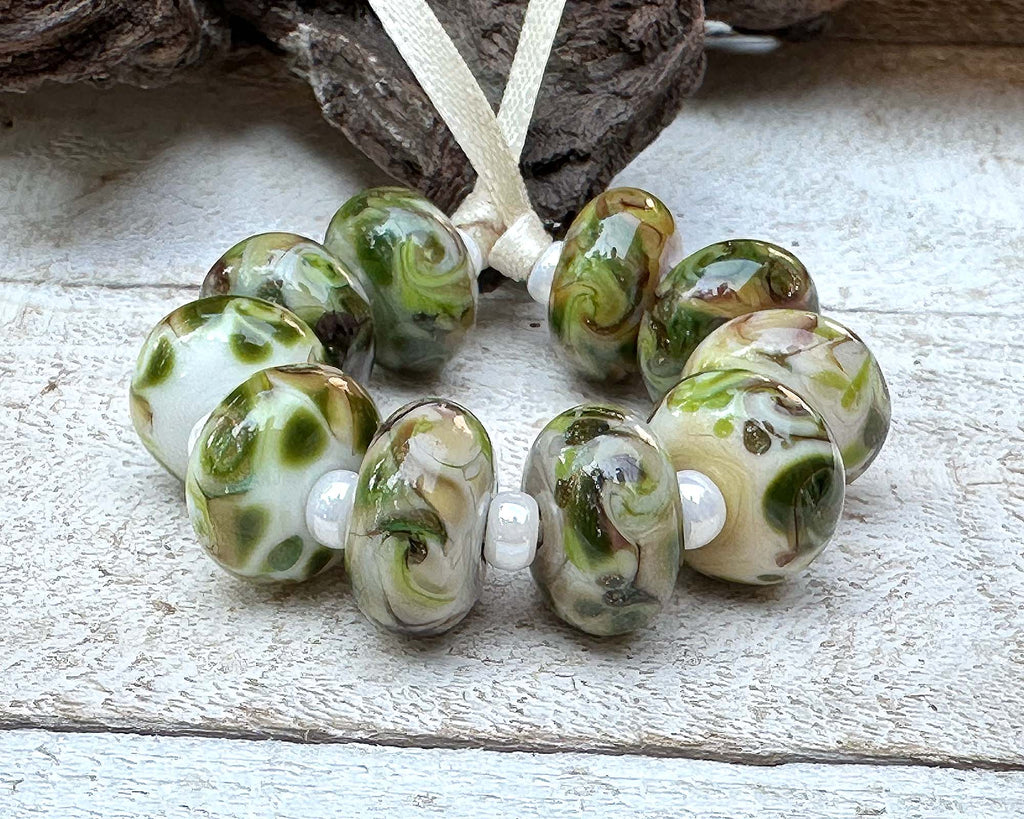 green brown lampwork beads