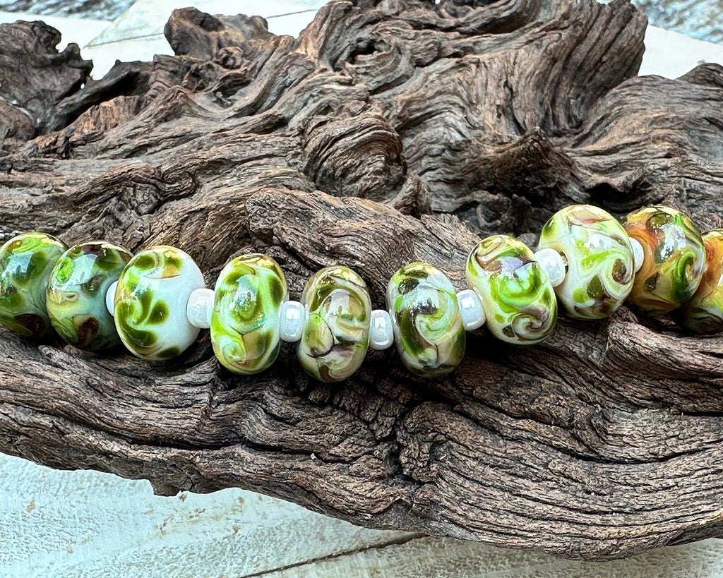 green brown lampwork beads