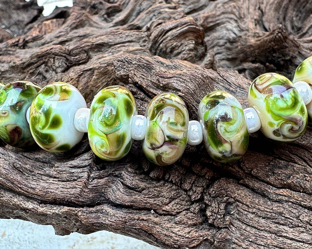 green brown lampwork beads