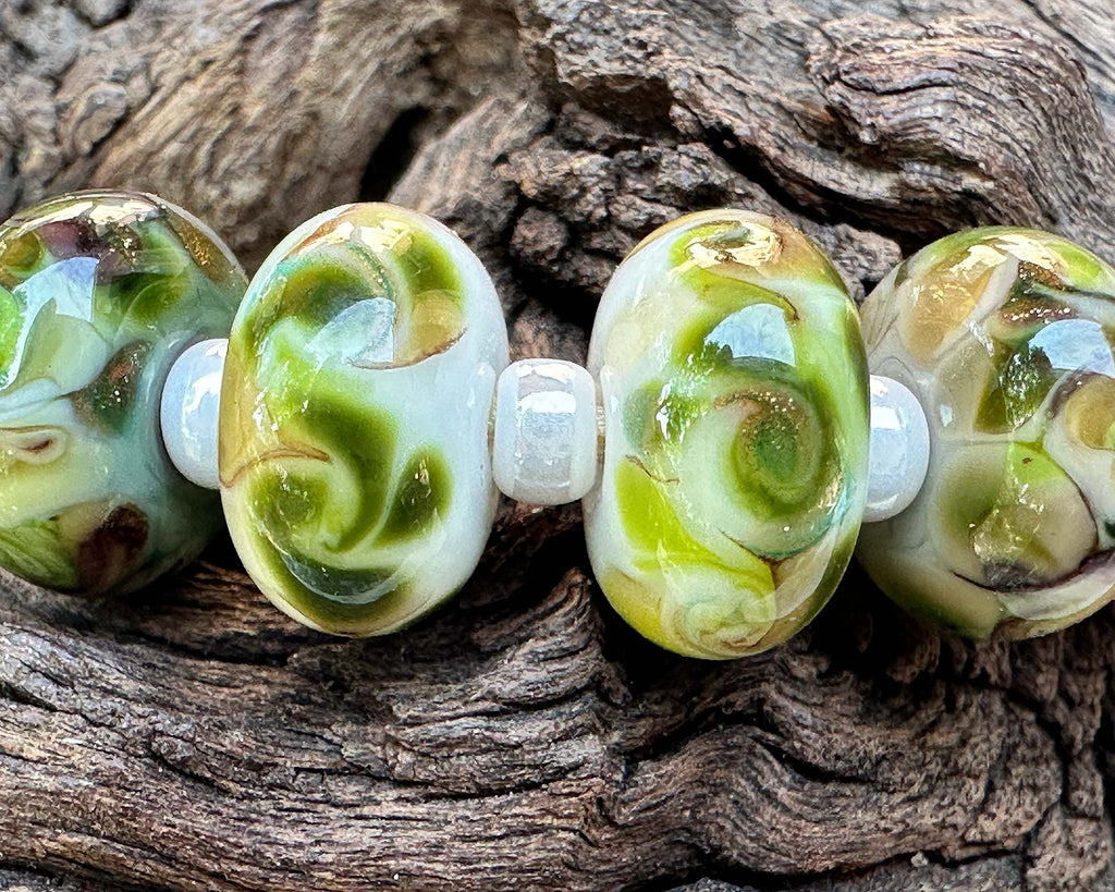 green brown lampwork beads