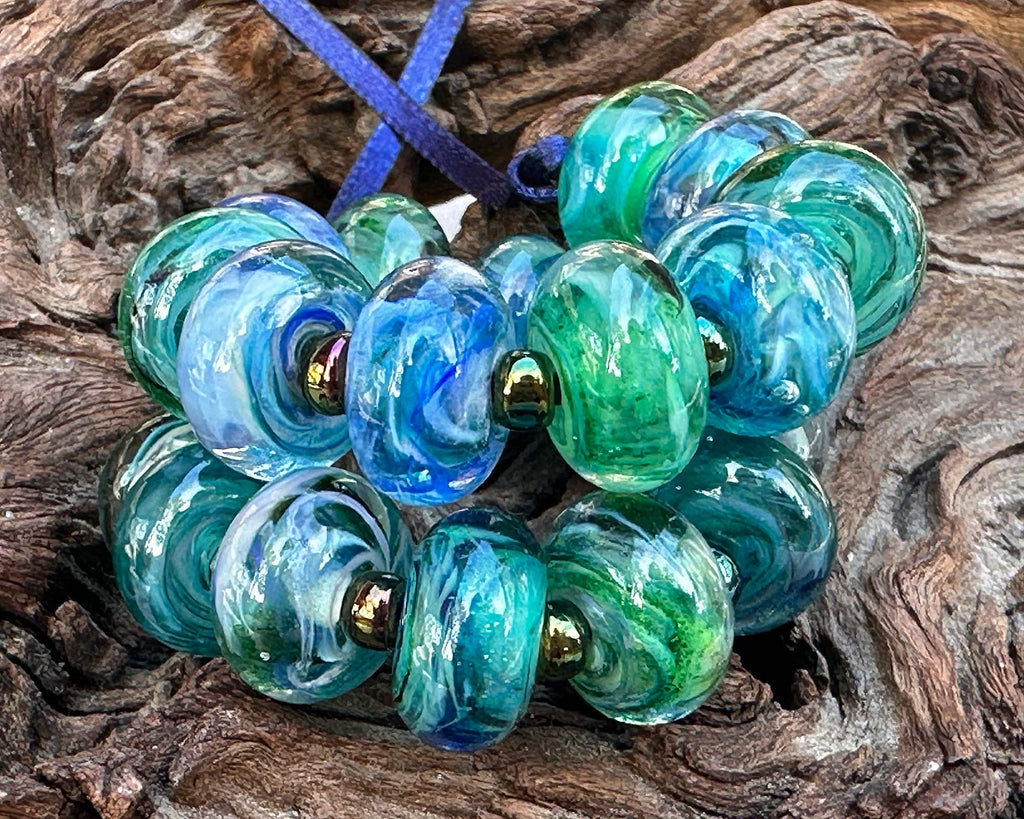 blue green lampwork beads