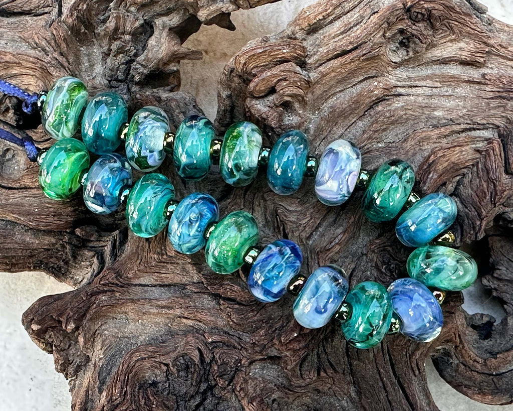 blue green lampwork beads