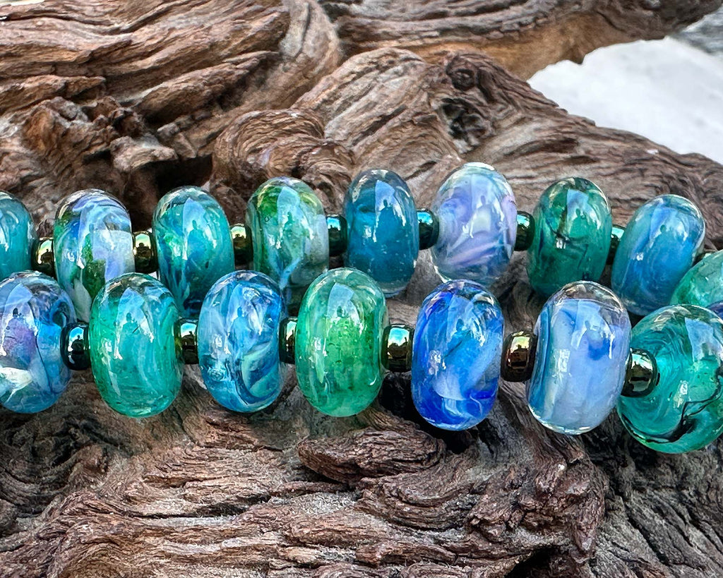 blue green lampwork beads