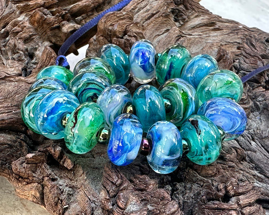 blue green lampwork beads