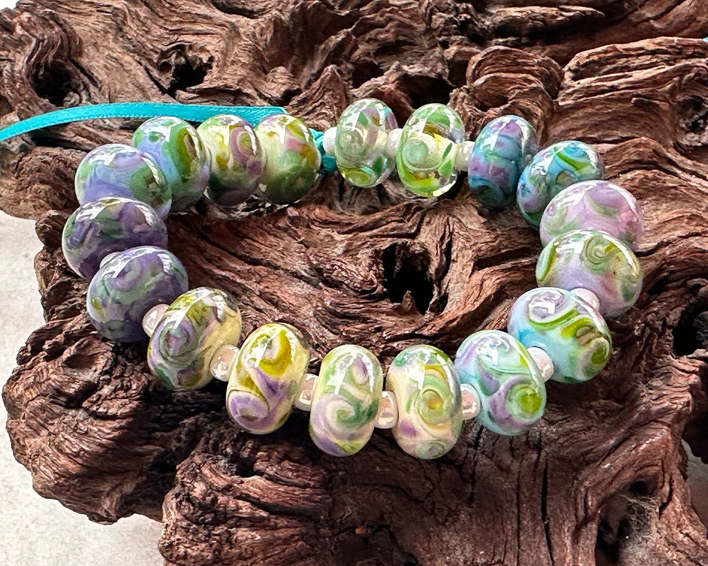 purple green lampwork beads