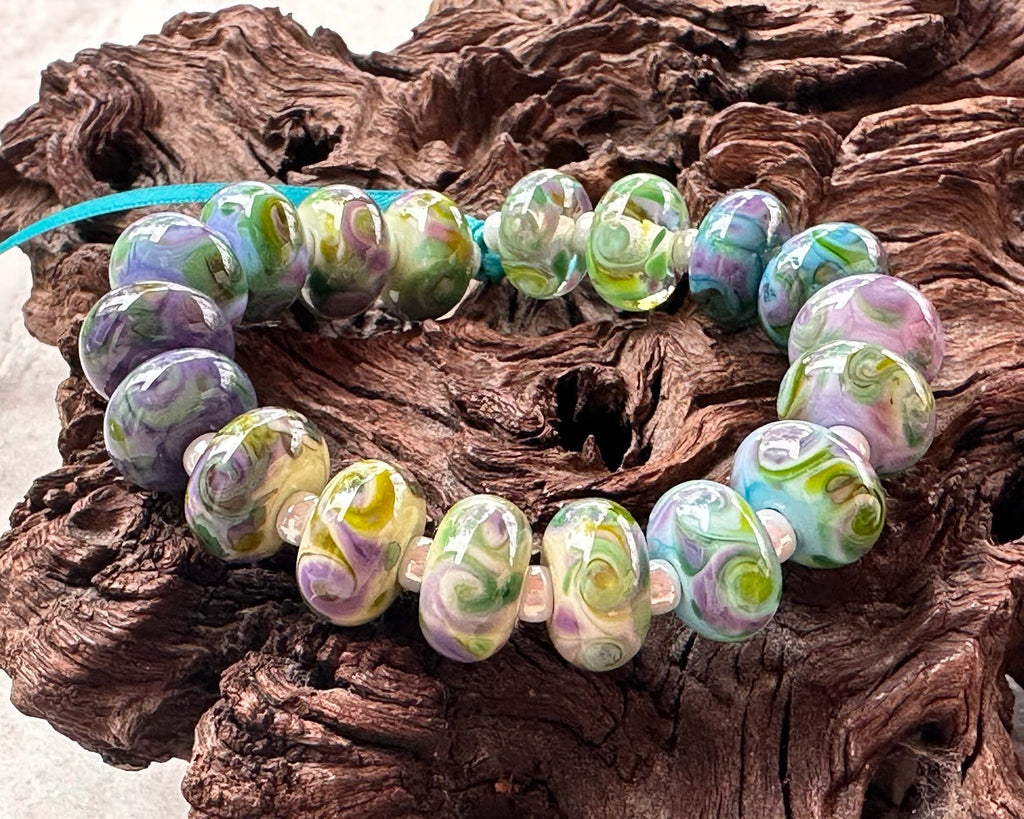 purple green lampwork beads