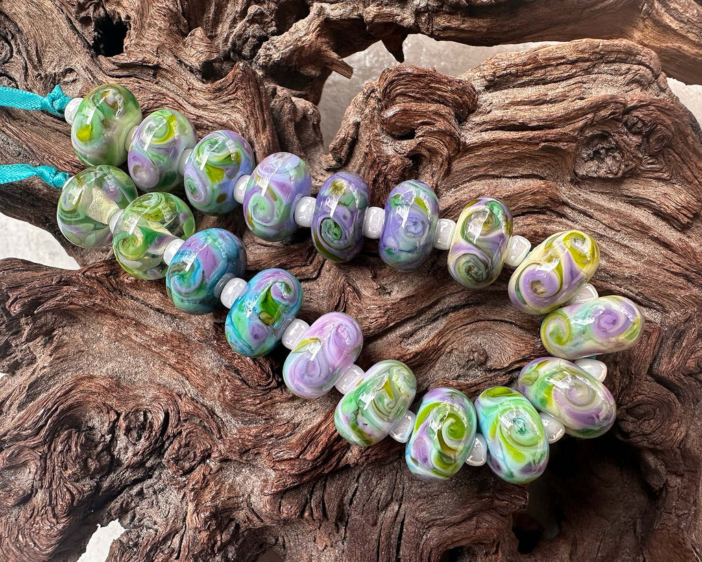 purple green lampwork beads