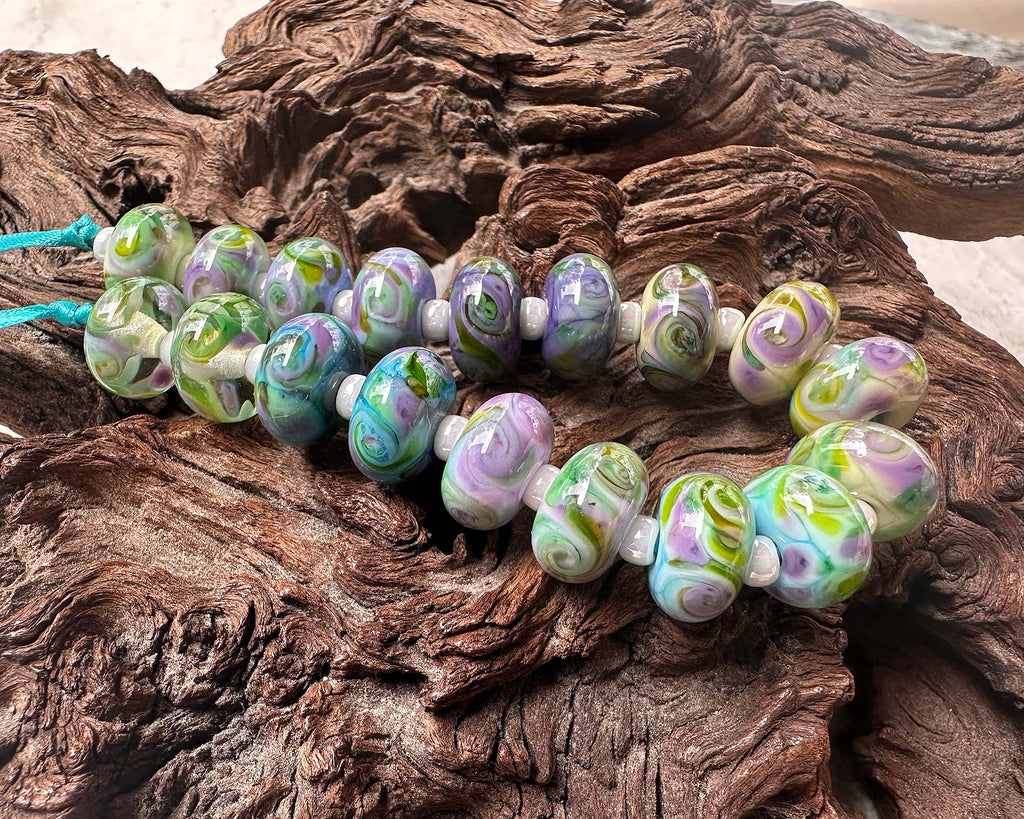 purple green lampwork beads