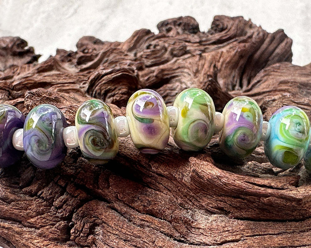 purple green lampwork beads