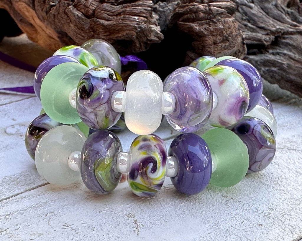 purple green lampwork beads