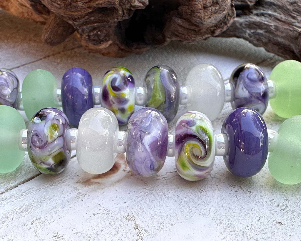 purple green lampwork beads