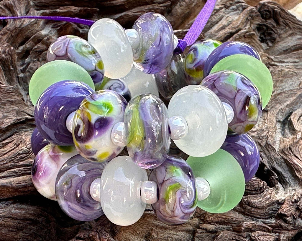 purple green lampwork beads