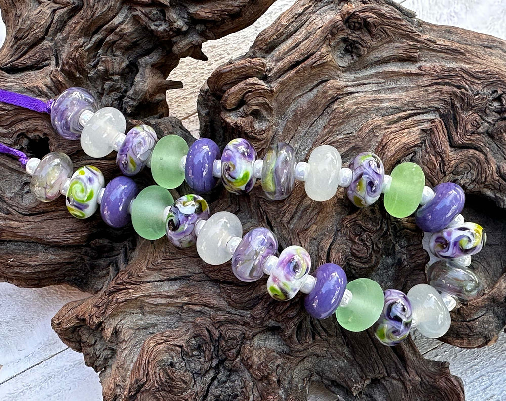 purple green lampwork beads