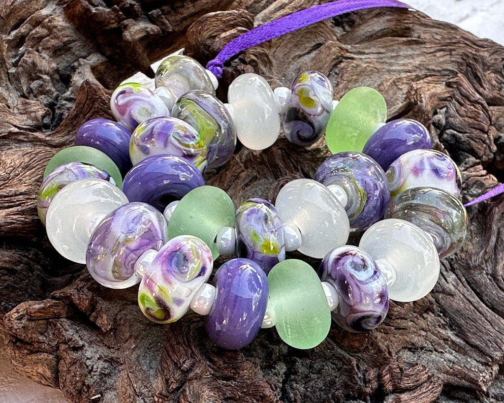 purple green lampwork beads