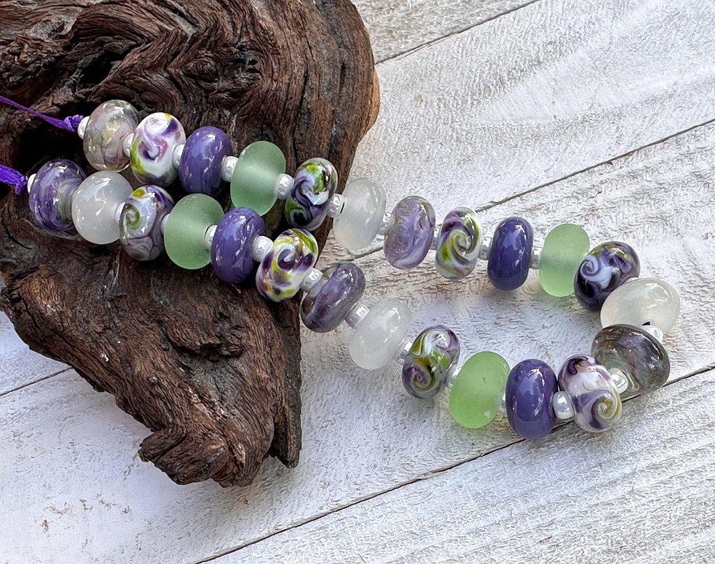 purple green lampwork beads