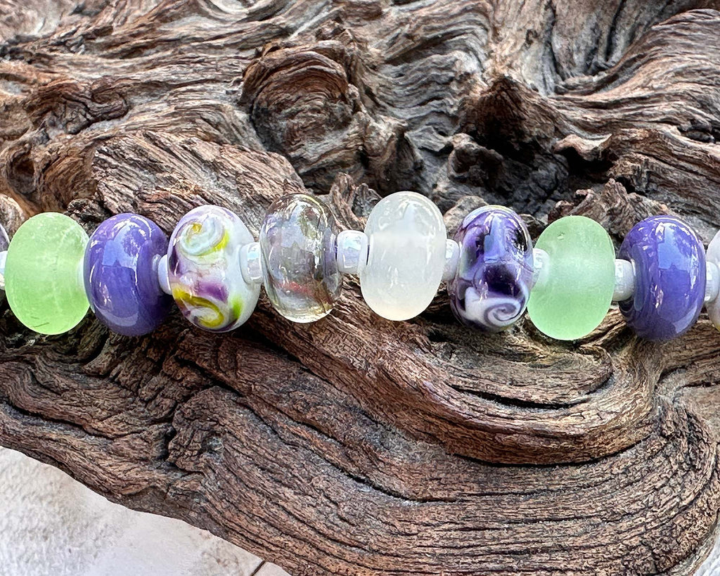 purple green lampwork beads