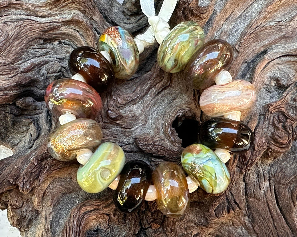 green brown lampwork beads