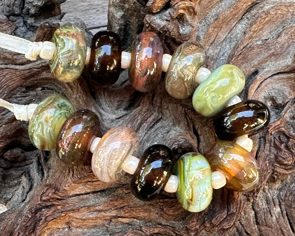 green brown lampwork beads
