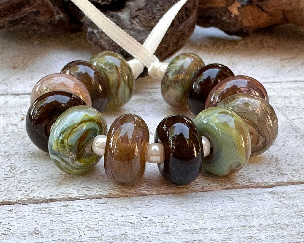 green brown lampwork beads