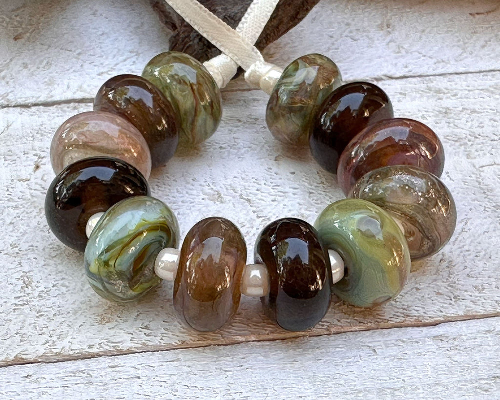 green brown lampwork beads