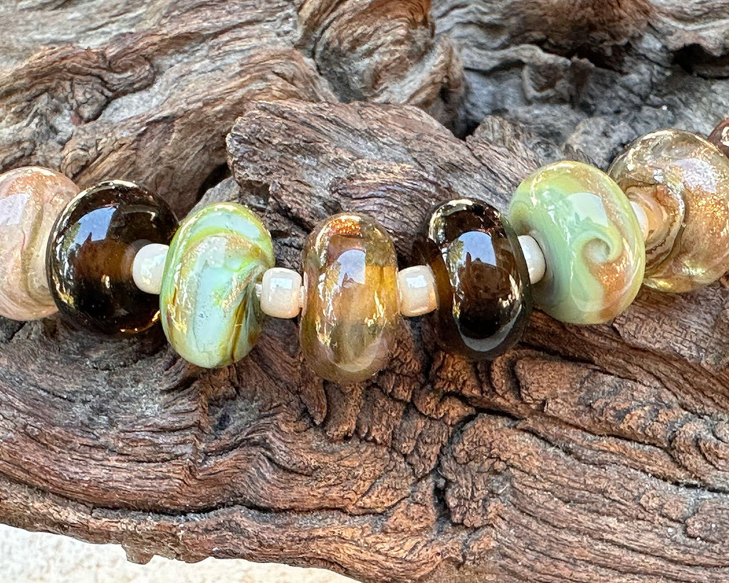 green brown lampwork beads