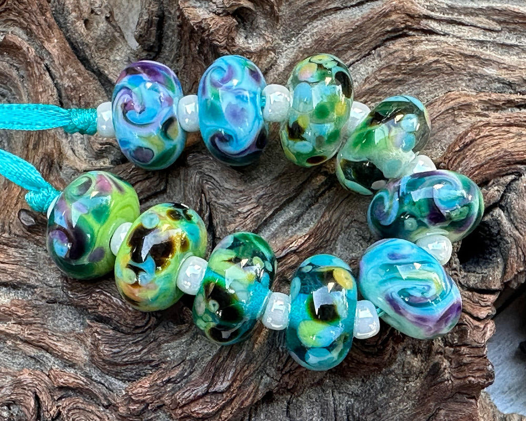 blue green lampwork beads